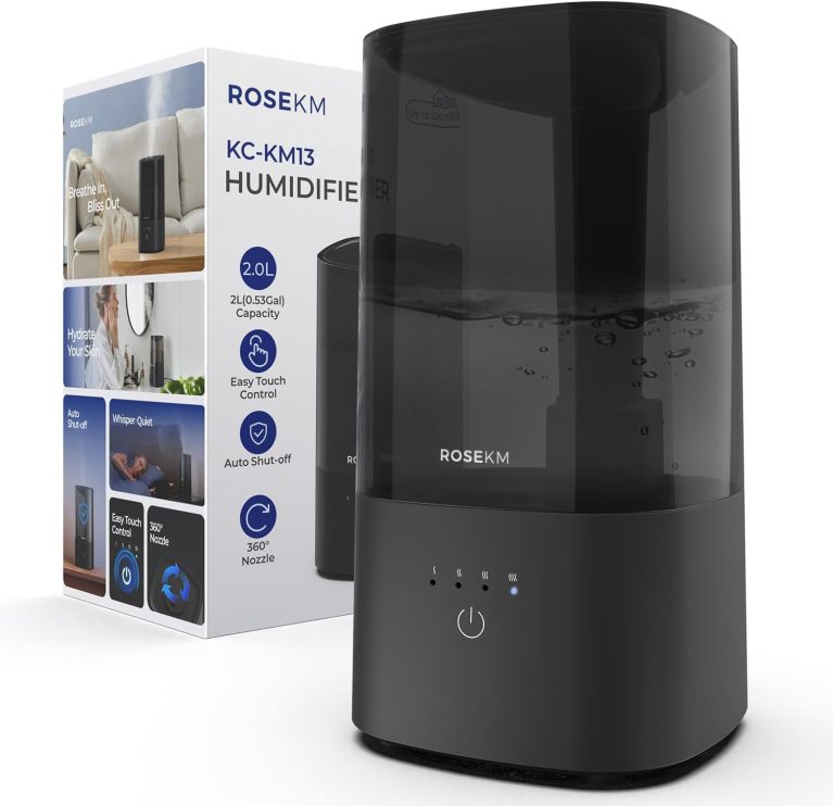Rosekm Humidificateur de Chambre, Humidificateur à Ultrasons Silencieux à Brume Froide pour Plantes, Bébé, Chambre, avec Buse Rotative 360°, Sans Filtre, Arrêt Automatique, Noir
